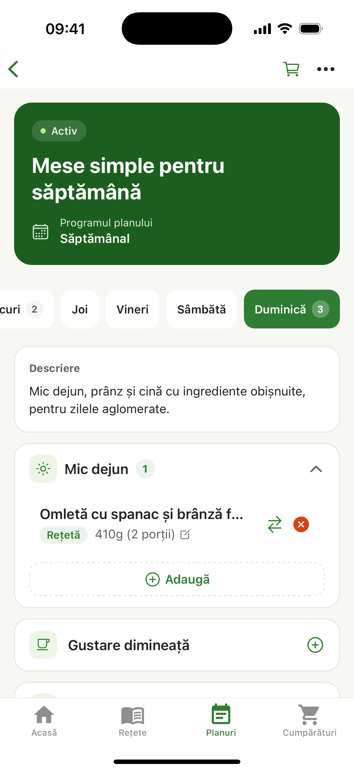 Un plan săptămânal activ cu mesele organizate pe zile