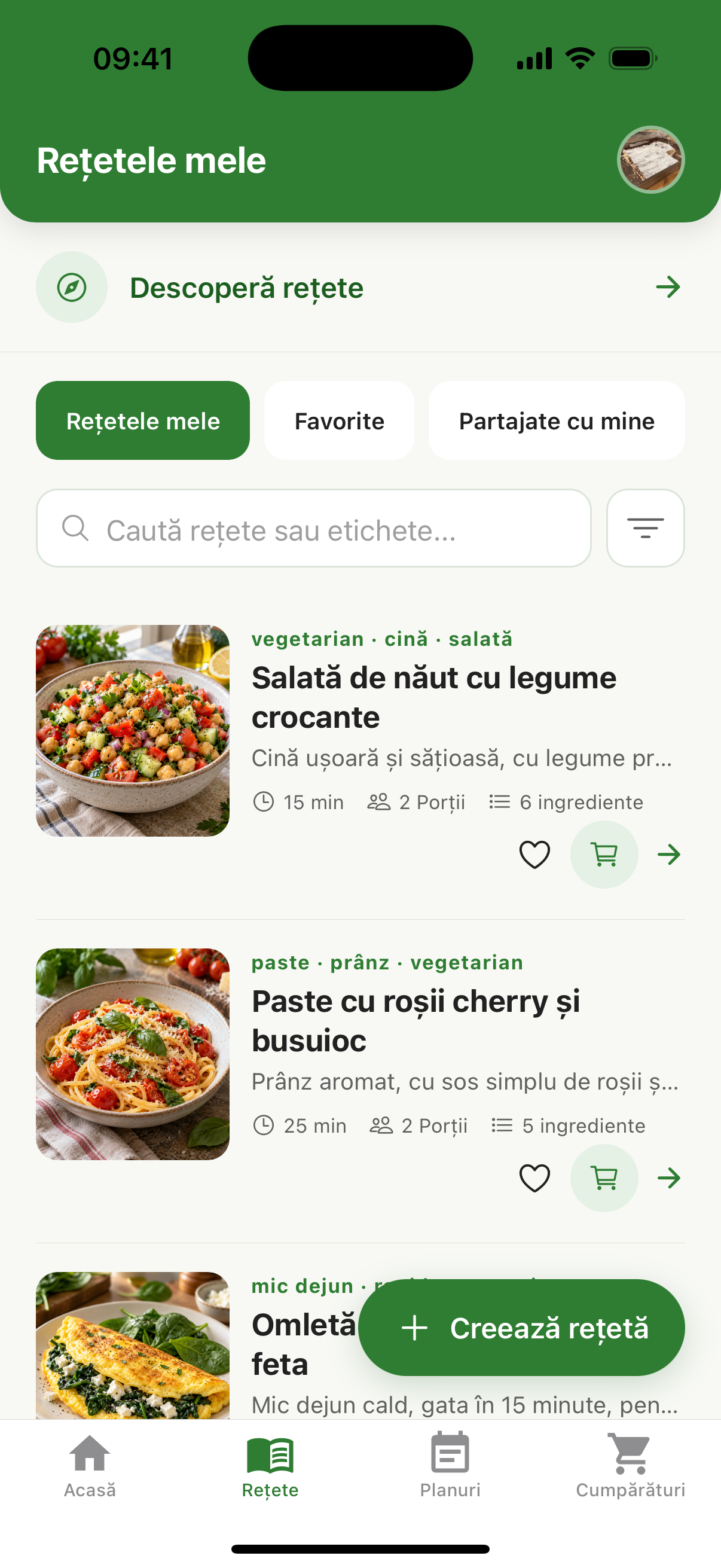 Ecranul Rețetele mele cu rețete ilustrate și opțiunea de descoperire