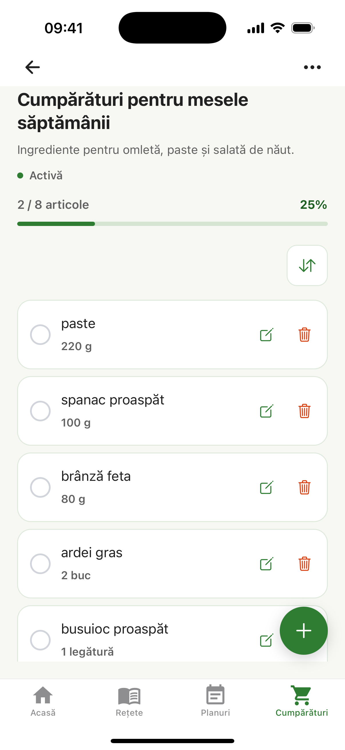 O listă de cumpărături cu ingrediente, cantități și progres